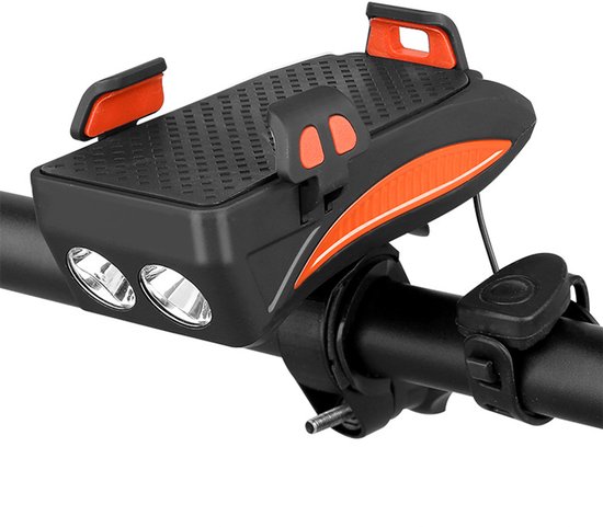 Fiets verlichting - Powerbank Fiets Telefoonhouder - Fiets Smartphone Houder - 2400 mAh - Bel - Koplamp - Oranje
