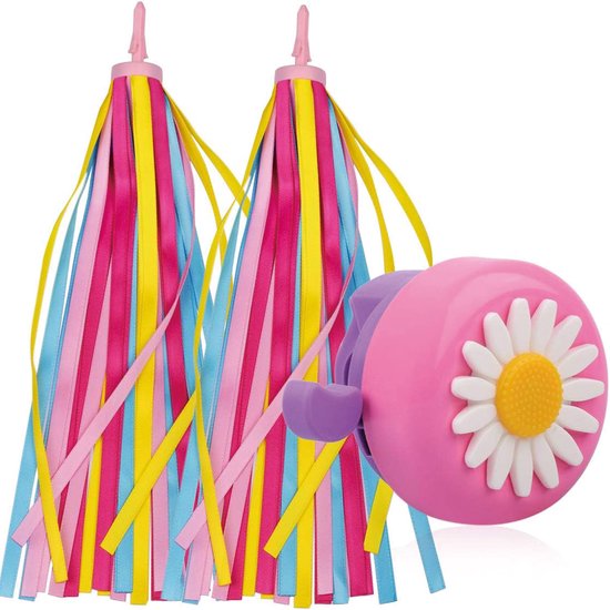 Fietsbel + Kleurrijke Stuurversiering 28 cm - Stuurslingers + Fietsbel - Kinderfiets Versieringen - Handvat Streamers - Zonnebloem Fietsbel en Stuurlinten voor Kinderfietsen - Roze van Merkloos