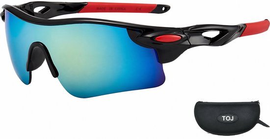 Fietsbril Met Hoes - Sportbril - Racefiets - Mountainbike - MTB - Sport Fiets Bril| Zonnebril - UV Bescherming - Zwart/Rood - Spiegelende Lens van Merkloos