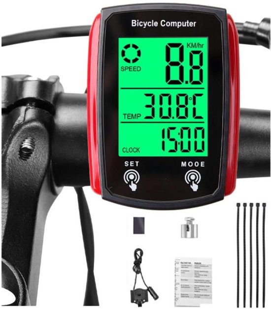 Fietscomputer - Fietskilometerteller - Snelheidsmeter - Kilometerteller Fiets - Bedrade Fietscomputer - Waterdicht - HD-snelheidsmeter - Achtergrondverlichting - 19 Functies - MTB-kilometerteller - voor MTB Racefiets - Zwart-rood