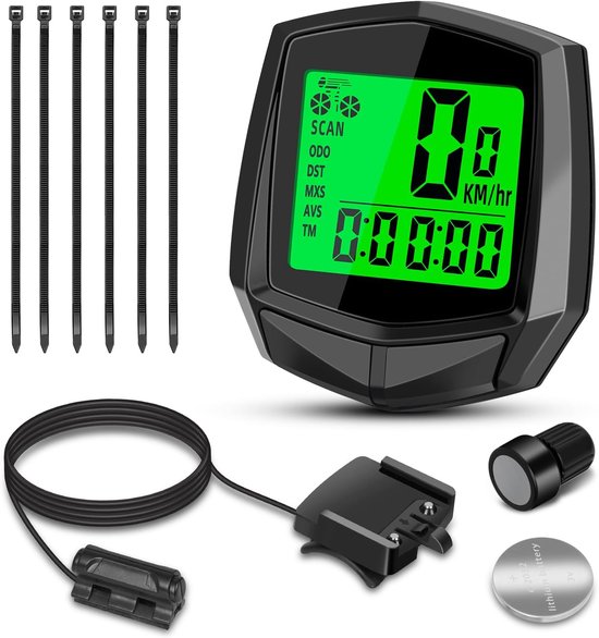 Fietscomputer - Kilometerteller fiets - automatische achtergrondverlichting - Waterdichte Kilometerteller - Kilometerteller Fiets - Fietssnelheidsmeter - Eenvoudig te Installeren - Met installatietoebehoren - met Batterij - zwart