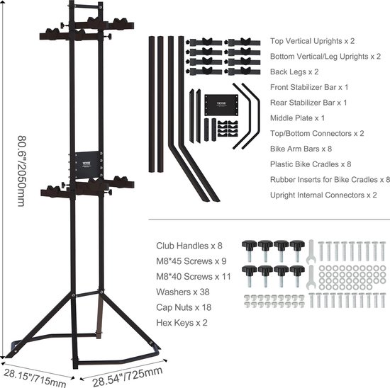 Fietsendrager - Fietsenrek - Fietsenstandaard - Vrijstaand - Voor 4 Fietsen - Draagvermogen 118 Kilo - 72,571,5x205cm - Staal - Zwart van Cartrend