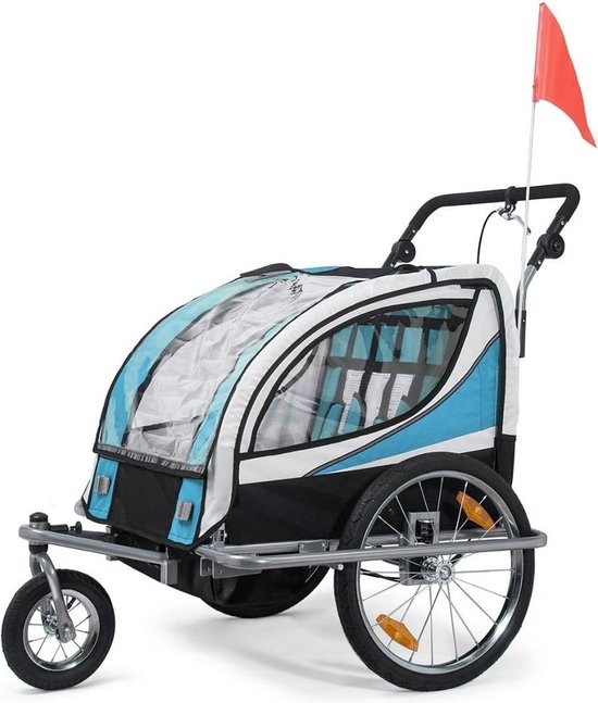 Fietskar Bagage - Fietskar Voor 2 Kinderen - Fietsaanhanger Met Draaibaar Voorwiel - Fietskarren – Aanhangwagen 360 Graden Draaibaar – Blauw/Zwart - 133 x 88 x 108 cm van Adventurer