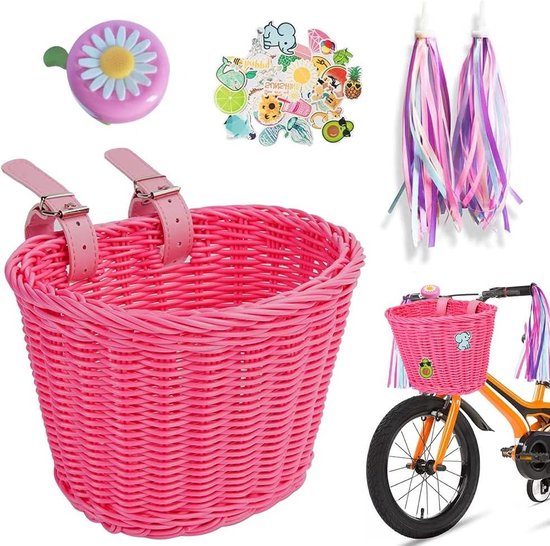 Fietskrat voor kinderen afneembaar rieten mand vooraan met bel en linten meisjesfietsmand accessoires Fietskrat van $