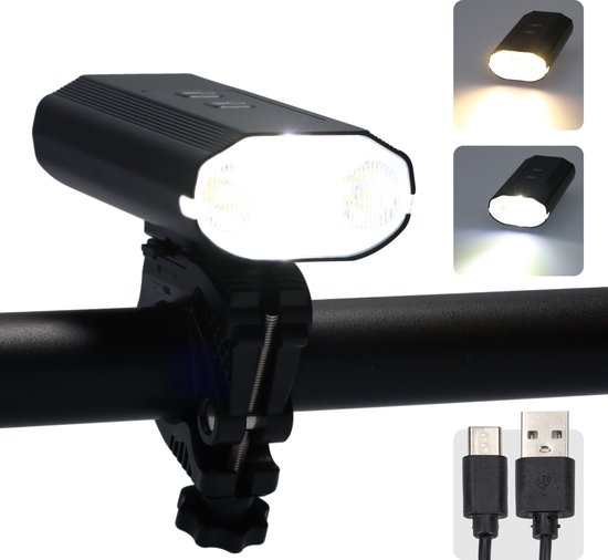 Fietslamp - Fiets verlichting - Voorlicht - Fietslicht - Fietslampje - Met lampenhouder - USB-C oplaadbaar - Verstelbaar - Verschillende standen - Zaklamp - Multifunctioneel - Zwart