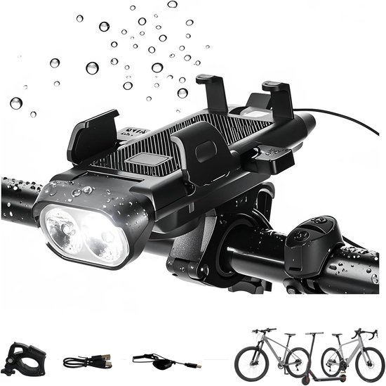 Fietslamp - Fietsverlichting - Fietslicht - 4-In-1 Fietstelefoonhouder Met Licht, Claxon, Usb-Oplaadfunctie - 500 Lumen - Ultralange Batterijduur - Waterdicht - Geschikt Voor Nachtritten, Woon-Werkverkeer En Bezorgers