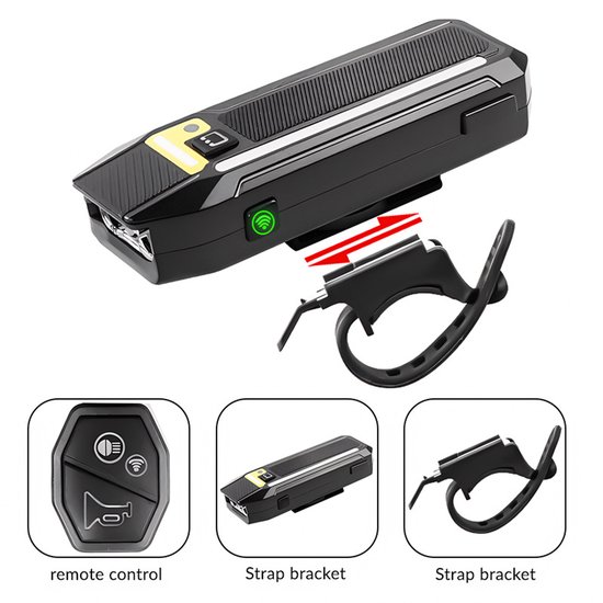 Fietslamp - Fietsverlichting Oplaadbaar - LED Fiets Voorlicht USB-C - Koplamp Fiets met Afstandsbediening - Claxon - RGB Zijverlichting - Lichtsensor - 2400 mAh
