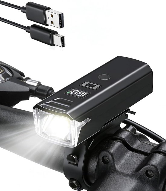 Fietslamp - Fietsverlichting Oplaadbaar - LED Fiets Voorlicht USB - Koplamp Fiets met Batterijdisplay - Nacht Sensor - IPX4 - 1500 mAh