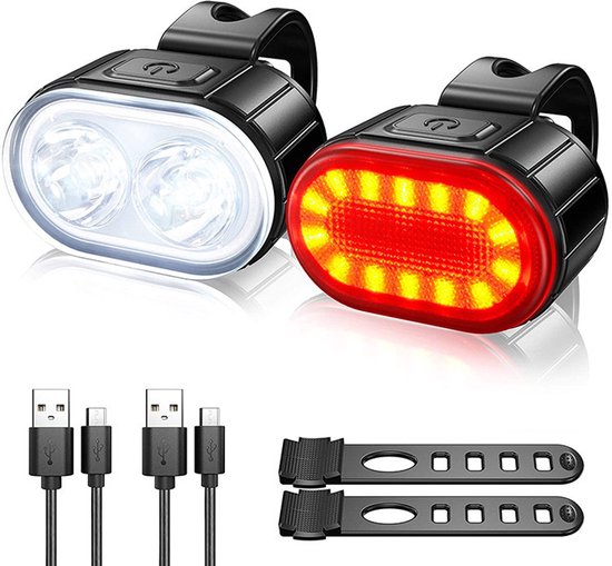Fietslamp - LED-fietslamp - USB-oplaadbaar - Lange batterijduur - Met knipper- of continu brandende stand - Waterdichtheid IPX4 - Fietslamp - Voor- en achterlicht voor mountainbike - Nachtverlichting - Zwart