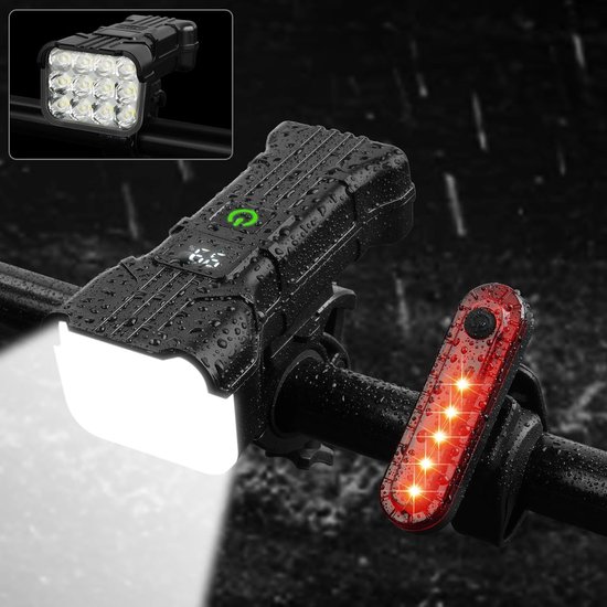 Fietslamp met 12 leds - Oplaadbaar en waterdicht - 1800 mAh - 9500 lumen - Fietslicht met 6 + 5 modi - Voor- en achterlicht - Voor mountainbike en racefiets