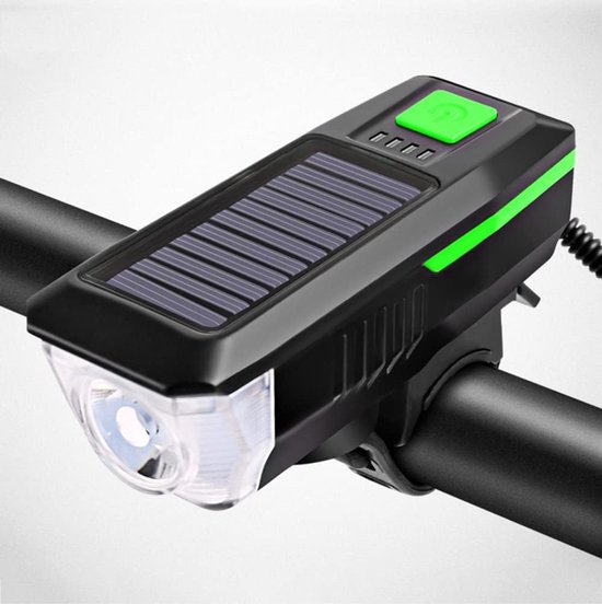 Fietslamp met Hoorn - Voorlamp Oplaadbaar - Veilig Fietsen - Zonne-energie Opladen - 2000 MAH Batterij - Groen