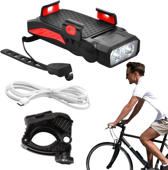 Fietslamp met Telefoonhouder - Fietsaccessoire Fietsverlichting - Veilig Fietsen - 130 dB Alarm - 16 x 12 x 6 cm