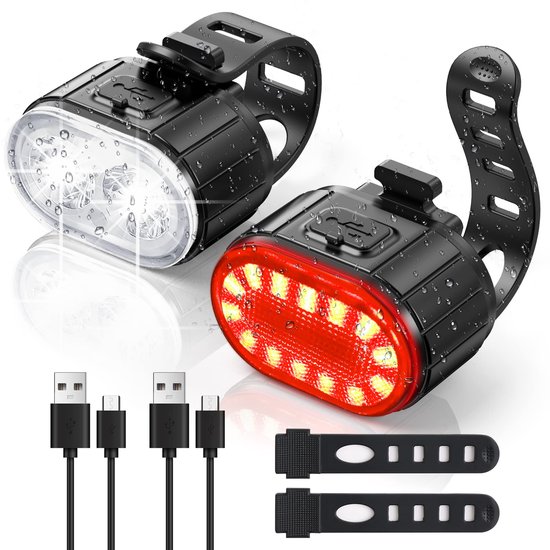 Fietslamp - Nachtfietslamp - Voor- en achterlichtset - USB-oplaadbaar - LED - waterdicht IPX5 - met geheugenfunctie en superheldere helderheid in 4/6 standen