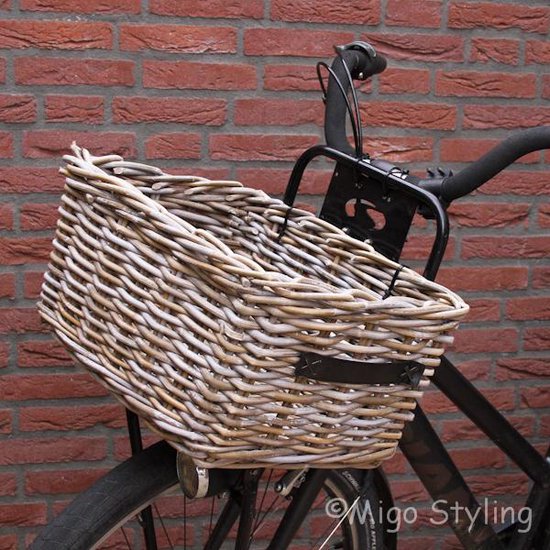 Fietsmand-45x35xH25-Riet-Rotan-Voor-Grijs-Leren handgrepen van Merkloos