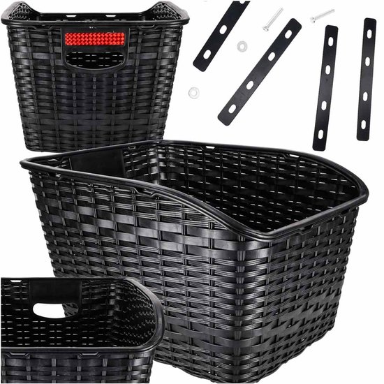 Fietsmand Achter - 18 L Boodschappenmand voor Bagagedrager - Draagkracht 8 kg - Rattan Look Kunststof PP - Met Reflector - Zwart van Merkloos