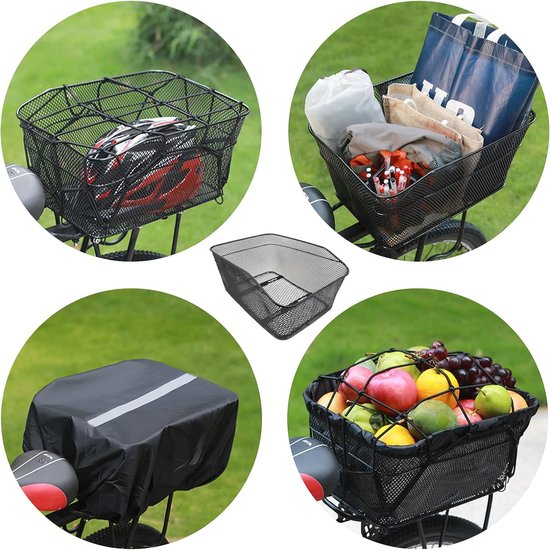 Fietsmand achter, fietsmand groot achter inclusief waterdichte afdekking en bagagenet, mand voor bagagedrager, vaste montage, metalen fietsmand voor kleine picknick, schooltas van Basil