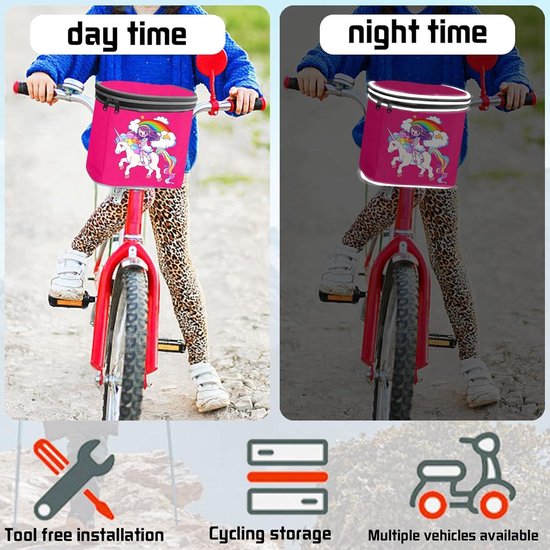 Fietsmand - Eenhoorn-fietsmand voor meisjes fietstas met reflecterende strepen en afneembaar deksel - kinderen binnenzak klittenbandsluiting van Achilles.