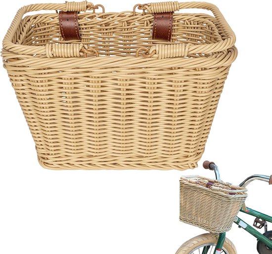 Fietsmand - Fietsmandje Meisjes - Fietsmand Kinderfiets - Rieten look - Fietsmandje - Stuurmand - rieten kleur - 25×18×15cm van Merkloos