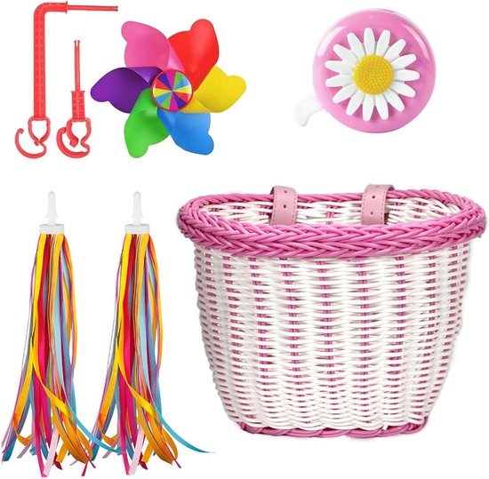 Fietsmand - Handgeweven fietsmand voor kinderen - fietsmand met riemen - fietsbel en accessoires - jongens en meisjes - fiets scooter loopfiets van Little Dutch