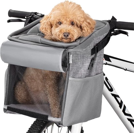 Fietsmand Hond - Hondenmand Fiets Met Schouderband - Fietsmand Hond Voorop - Fietstas Hond Eenvoudig te Installeren - Stuurtas - Grijs - 27 x 27 x 31 cm van Wooffix