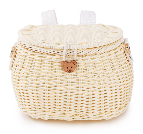Fietsmand - Kinderfietsmand - Handgevlochten Fietsmand voor Kinderen met Deksel en Schouderriem - Afneembaar - Voor 12-20 Inch Fietsen - Beige