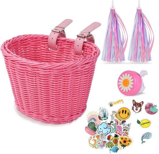 Fietsmand - Meisjesfiets - Fietsmand voor 12-20 inch - Waterafstotende mand - Handgeweven - Inclusief Bel en 30 stickers van FastRider