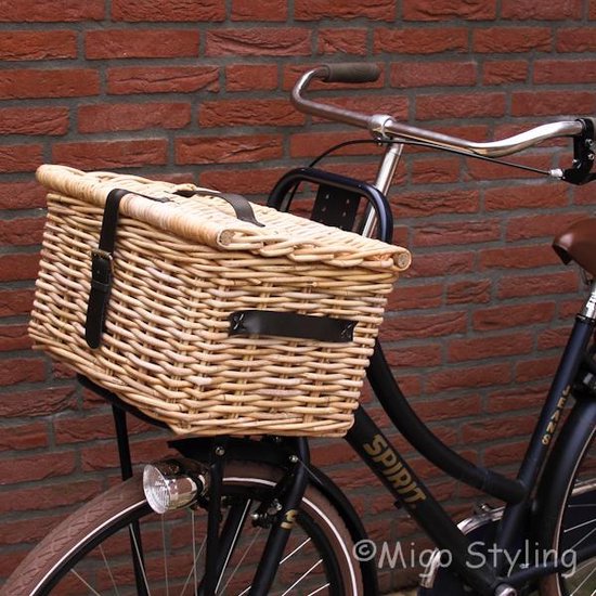 Fietsmand - Met deksel - Bakkersmand - 50x40xH30 - Riet - Rotan - Naturel - Leren riempje van Merkloos