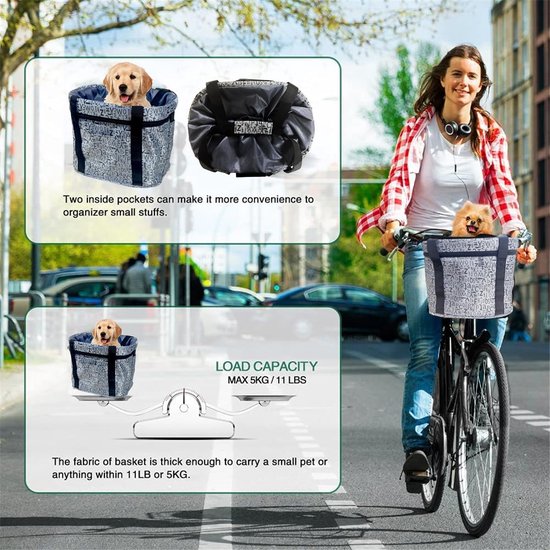 Fietsmand, opvouwbaar, waterdicht, afneembare stuurmand, aluminium frame, voor hond en kat, huisdierdrager voor kleine hond, mountainbike, picknick, winkelen (grijs B van Merkloos