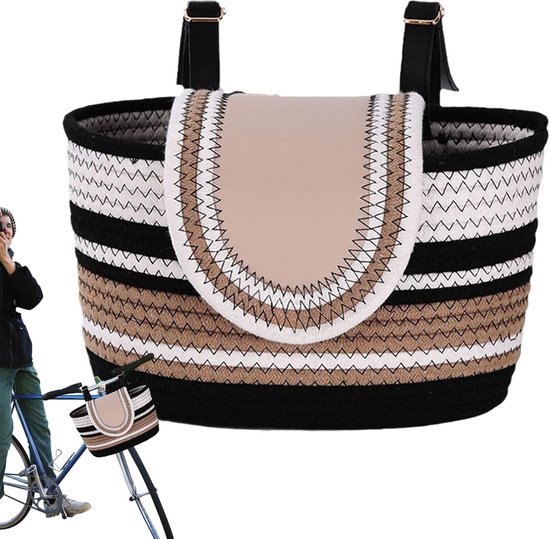 Fietsmand - Stijlvolle geweven fietsmand met deksel en riem (27×16×16,5 cm) — Universele fietsmand in Boheemse stijl, geschikt voor elke fiets