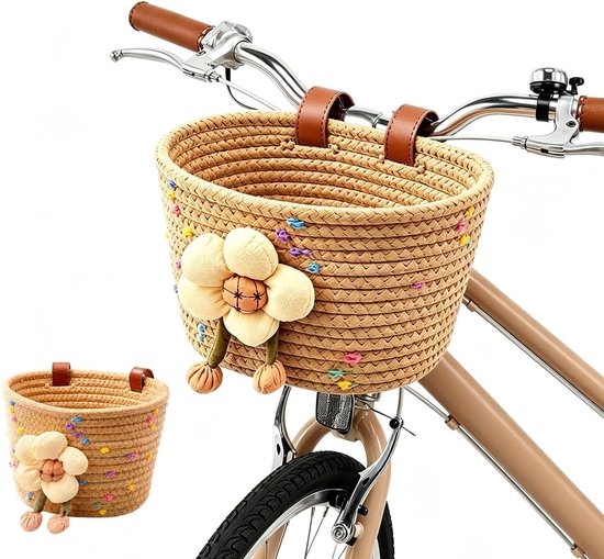 Fietsmand voor kinderen – Fietsmandje meisjes -Handgeweven mand – Inclusief verstelbare riempjes – Geschikt voor jongens- en meisjesfietsen, driewielers en loopfietsen – 15,5 x 14,5 x 19,5 cm – Kaki
