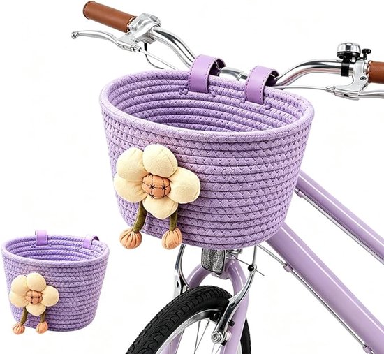 Fietsmand voor kinderen – Fietsmandje meisjes -Handgeweven mand – Inclusief verstelbare riempjes – Geschikt voor jongens- en meisjesfietsen, driewielers en loopfietsen – 15,5 x 14,5 x 19,5 cm – Paars
