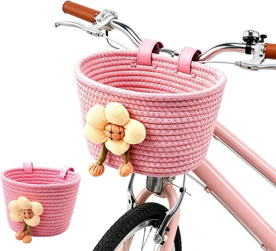 Fietsmand voor kinderen – Fietsmandje meisjes -Handgeweven mand – Inclusief verstelbare riempjes – Geschikt voor jongens- en meisjesfietsen, driewielers en loopfietsen – 15,5 x 14,5 x 19,5 cm – Roze