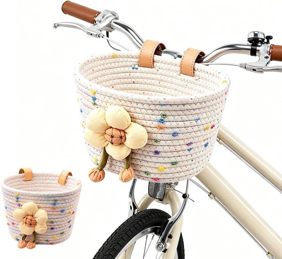Fietsmand voor kinderen – Fietsmandje meisjes -Handgeweven mand – Inclusief verstelbare riempjes – Geschikt voor jongens- en meisjesfietsen, driewielers en loopfietsen – 15,5 x 14,5 x 19,5 cm – Wit