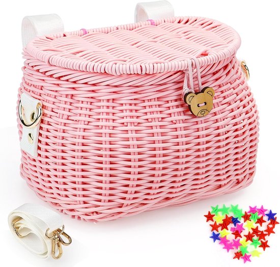 Fietsmand voor kinderen, handgeweven kinderfietsmand voor, voor meisjes en jongens met deksel en schouderriem voor balansfiets afneembaar van Merkloos