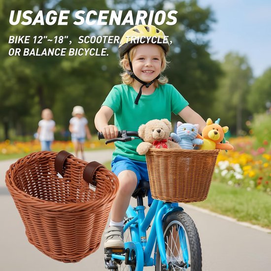 Fietsmandje Kinderfiets - 1 Stuk - 18x14x12 cm - Gevlochten Mandje voor Stuur - Fietsmand - Fietsmand Kind - Gevlochten fietsmand voor voorop - Mand - hangmand - rieten kleur - Fietsaccessoire - Verstelbaar - Afneembare