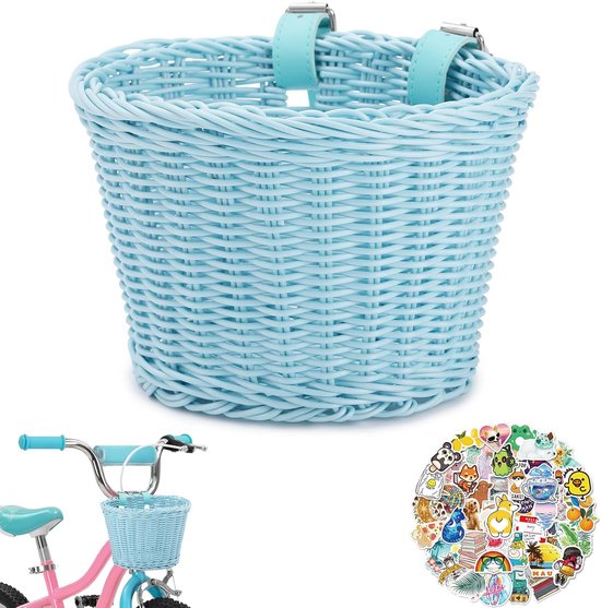 Fietsmandje kinderfiets set-Fietsmandje meisjes-Handgeweven fietsmand voor jongens en meisjes - inclusief bel - stuurhanger en stickers-22x16cm - blauw
