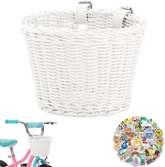 Fietsmandje kinderfiets set-Fietsmandje meisjes-Handgeweven fietsmand voor jongens en meisjes - inclusief bel - stuurhanger en stickers-22x16cm - wit