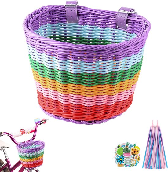 Fietsmandje kinderfiets set-Fietsmandje meisjes-Handgeweven fietsmand voor jongens en meisjes - inclusief bel, stuurhanger en stickers-22x16cm van Merkloos