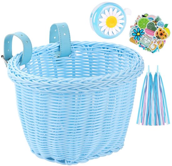 Fietsmandje Meisjes - Fietsmand Kinderfiets - inclusief Fietsbel Kind, 2 x Stuurslingers, 30 x Stickers - Handgeweven fietsmand voor kinderen - Fiets Accessoires voor Kinderen - Kinderfietsmand Set - Blauw