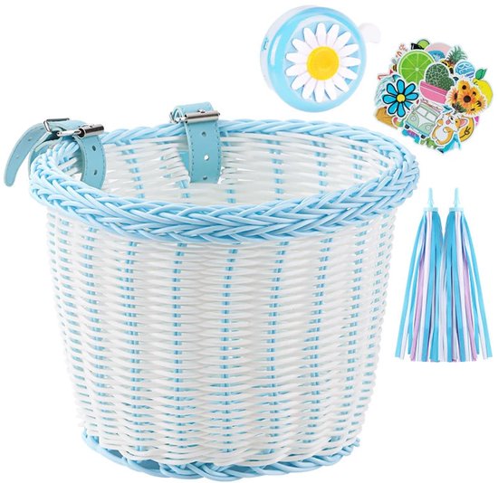 Fietsmandje Meisjes - Fietsmand Kinderfiets - inclusief Fietsbel Kind, 2 x Stuurslingers, 30 x Stickers - Handgeweven fietsmand voor kinderen - Fiets Accessoires voor Kinderen - Kinderfietsmand Set - Blauw/wit
