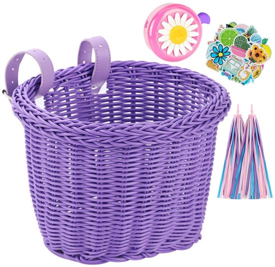Fietsmandje Meisjes - Fietsmand Kinderfiets - inclusief Fietsbel Kind, 2 x Stuurslingers, 30 x Stickers - Handgeweven fietsmand voor kinderen - Fiets Accessoires voor Kinderen - Kinderfietsmand Set - Paars