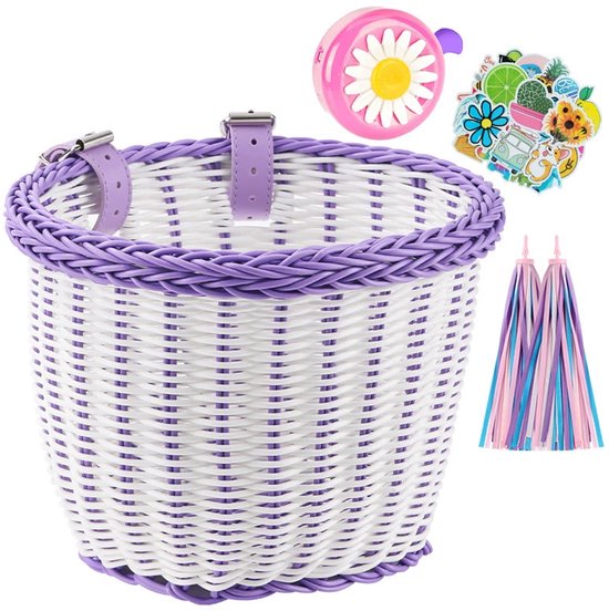 Fietsmandje Meisjes - Fietsmand Kinderfiets - inclusief Fietsbel Kind, 2 x Stuurslingers, 30 x Stickers - Handgeweven fietsmand voor kinderen - Fiets Accessoires voor Kinderen - Kinderfietsmand Set - Paars/wit