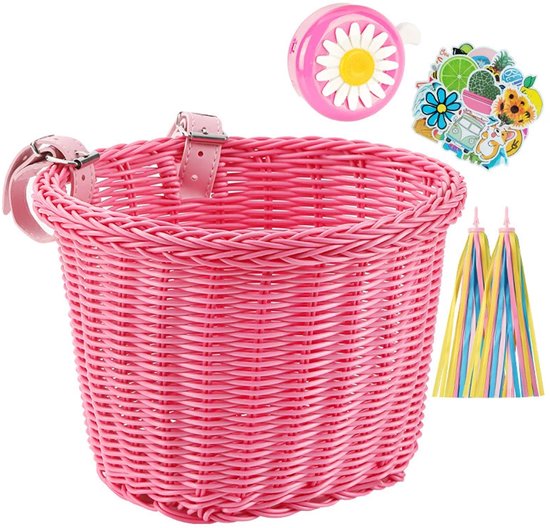 Fietsmandje Meisjes - Fietsmand Kinderfiets - inclusief Fietsbel Kind, 2 x Stuurslingers, 30 x Stickers - Handgeweven fietsmand voor kinderen - Fiets Accessoires voor Kinderen - Kinderfietsmand Set - Roze