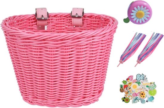 Fietsmandje Meisjes - Fietsmandje - Fietsmand Kinderfiets - Fietsmand Roze Inclusief Bel, Slingers en Stickers - Larry's van Larry's
