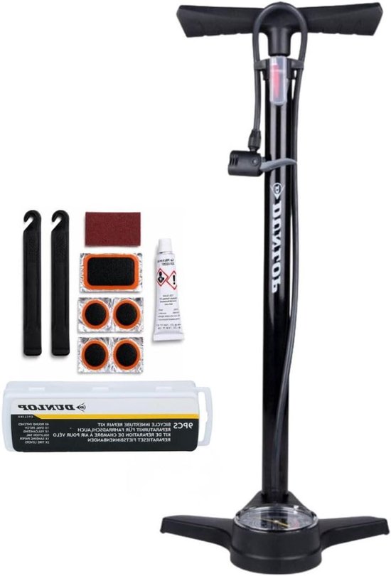 Fietspomp en Reparatieset - Fietsgereedschap Compleet - Onderweg Fietsen - Met Geïntegreerde Drukmeter - 9 Delig - Zwart