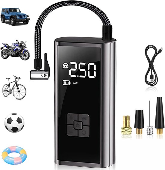 Fietspomp - Fietspomp elektrisch - Elektrische luchtpomp - 7.5x4.8x16.5 cm - Elektrische luchtpomp - Accu - Compressor - mini-draagbare luchtcompressor - Bandenpomp - Voor auto - Motorfiets - Ballen - USB-powerbank (150 psi/10,3 bar - led - Autostop)