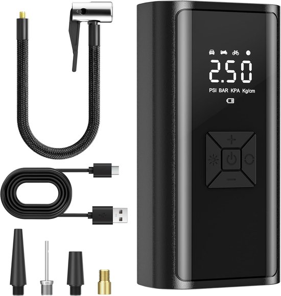 Fietspomp - Fietspomp elektrisch - Elektrische luchtpomp - Accucompressor - 150 psi - 35 l/min - Digitaal display - Draagbaar voor auto - Fiets - Motorfiets - Ballen - Mini-Compressor met USB-lading en bandenspanningsmeter