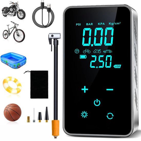 Fietspomp - Fietspomp elektrisch - Elektrische luchtpomp - Draagbare luchtcompressor - Elektrische bandenpomp van 150 PSI - Draadloze elektrische luchtpompcompressor met touchscreen/verlichting - Voor motorfiets - Fiets en auto
