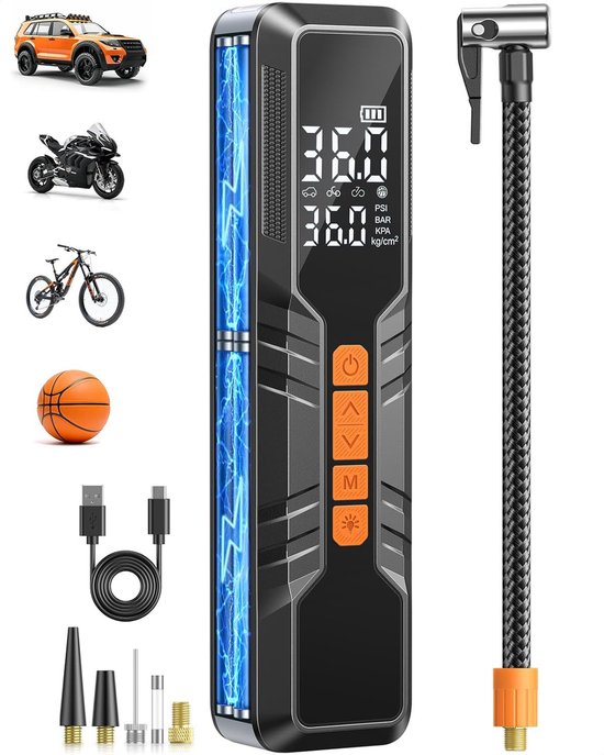 Fietspomp - Fietspomp elektrisch - Elektrische luchtpomp - Draagbare luchtcompressor voor autobanden - LCD-scherm - 6000 mAh accu en LED-verlichting - Draadloze draagbare luchtcompressor voor auto's - Motoren - Fietsen en ballen