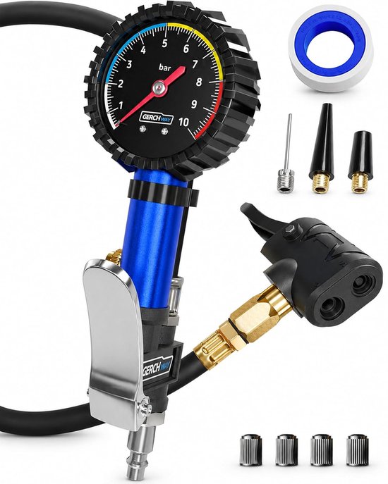Fietspomp met Bandenspanningsmeter voor Fiets en Auto – Presta en Schrader Ventiel, 3-in-1 met Verlengslang